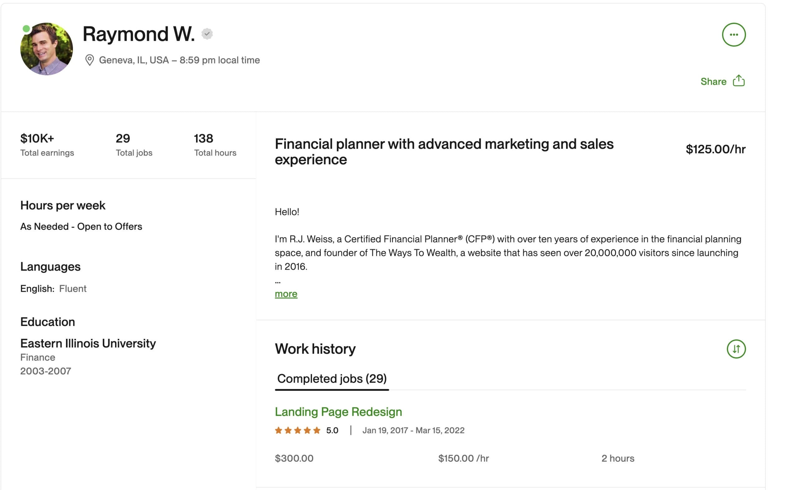 A screen shotof RJ's upwork profile