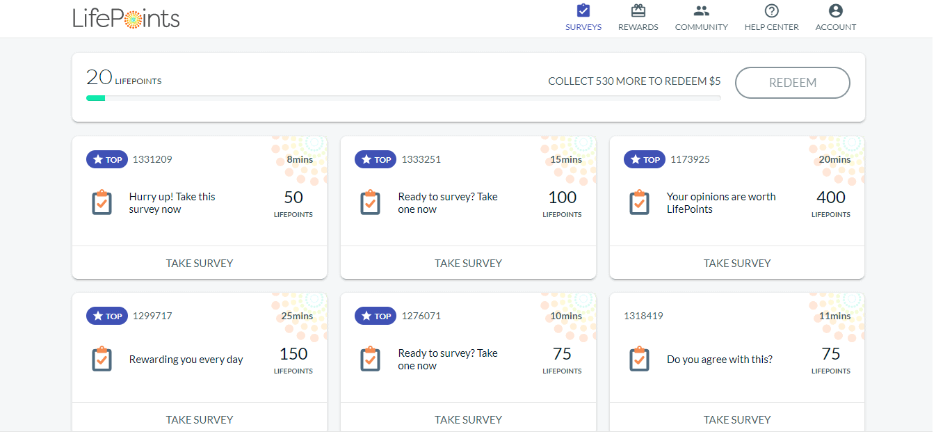 The LifePoints dashboard
