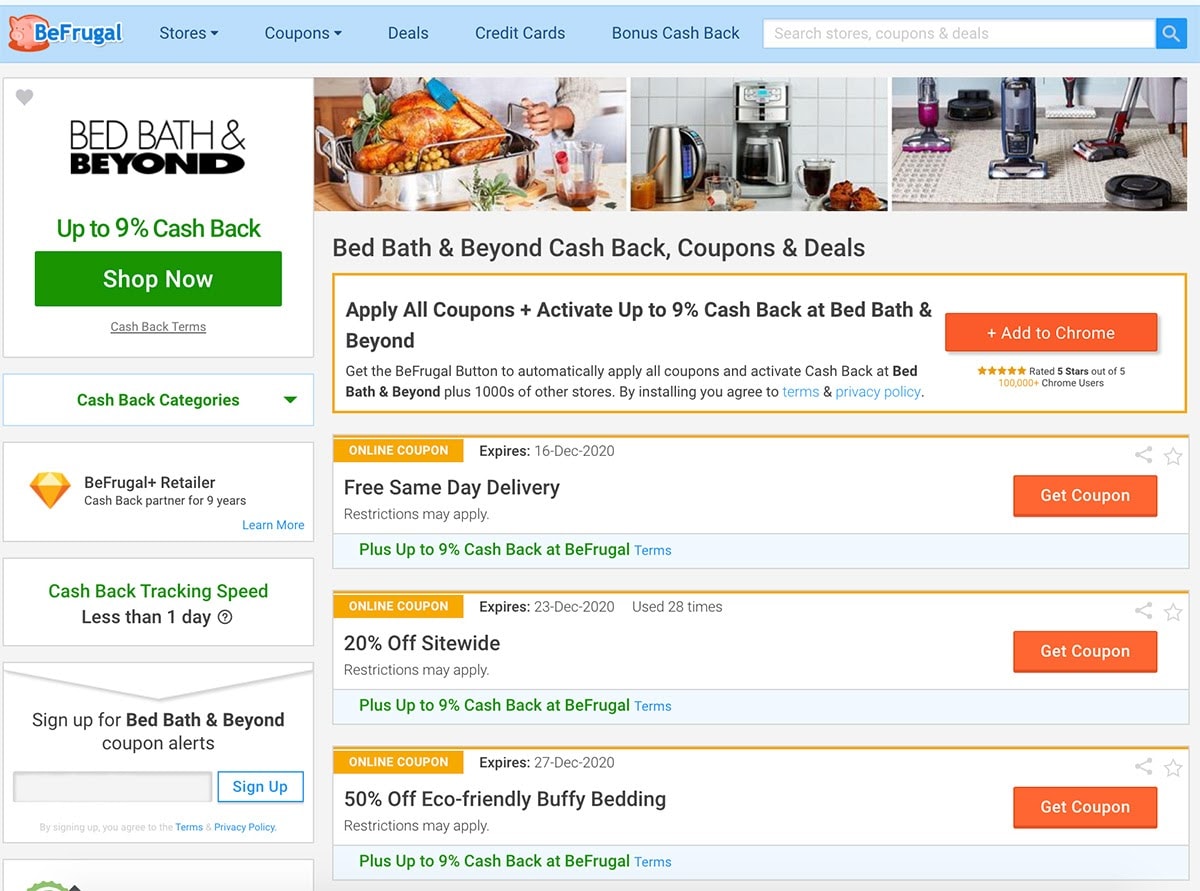 BeFrugal search results show cash-back rates + offers and promos at Bed Bath & Beyond.