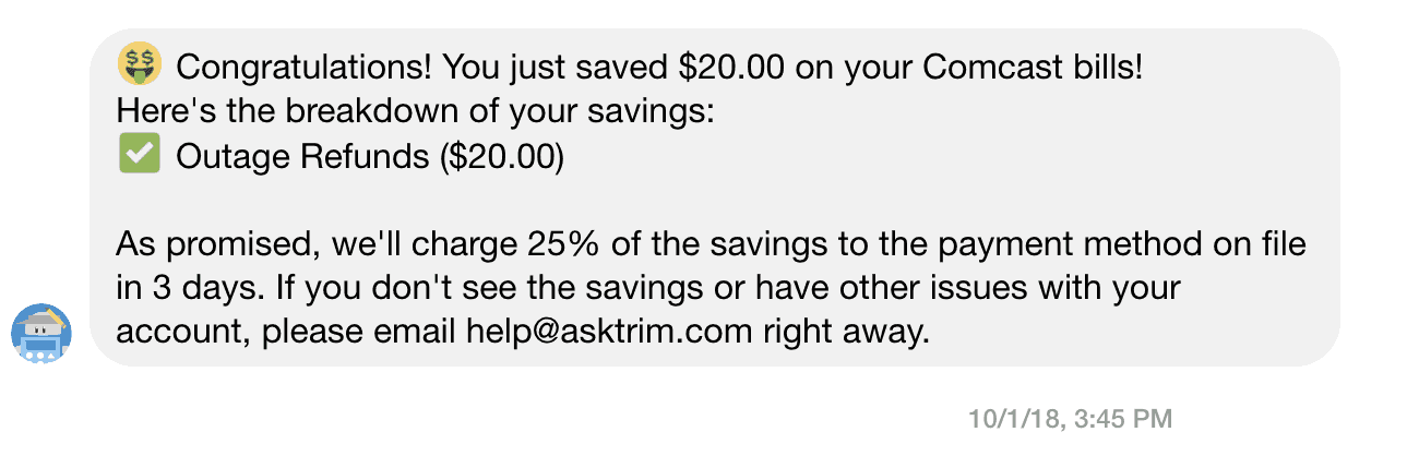 Congratulations message from Trim announcing a $20 savings
