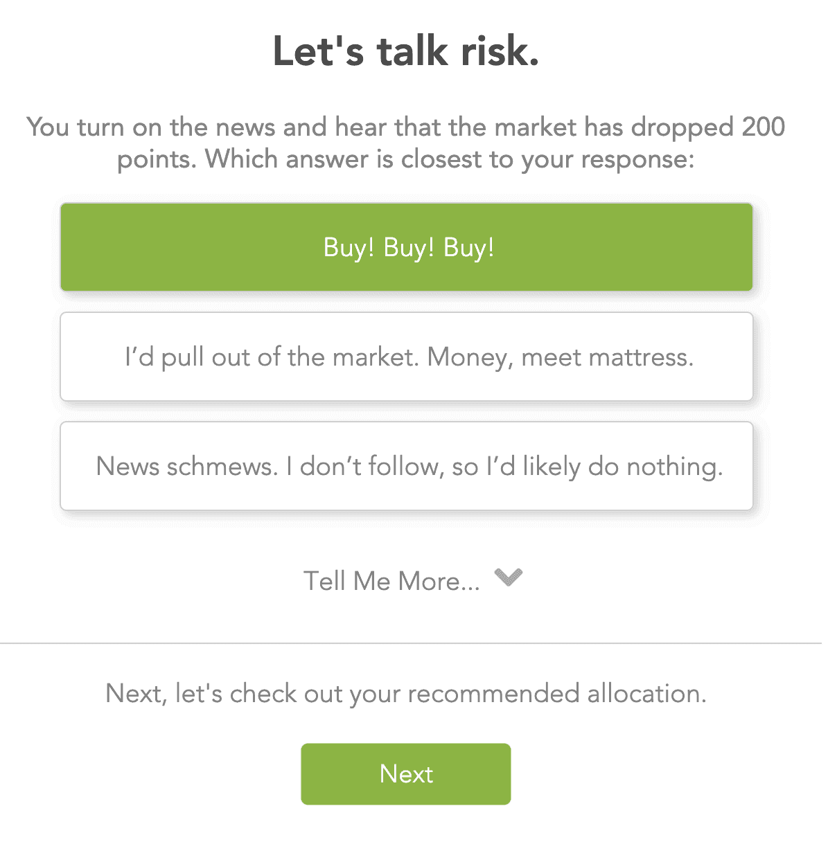 A question from the Blooom risk tolerance quiz.
