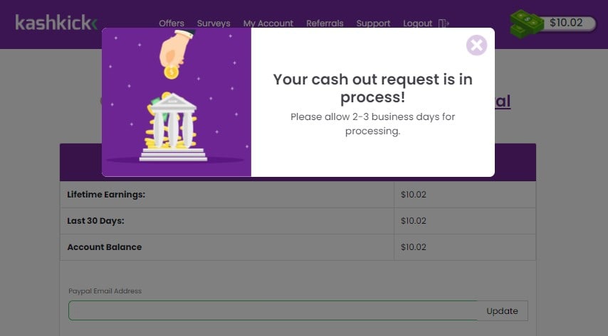 The KashKick cashout confirmation screen.