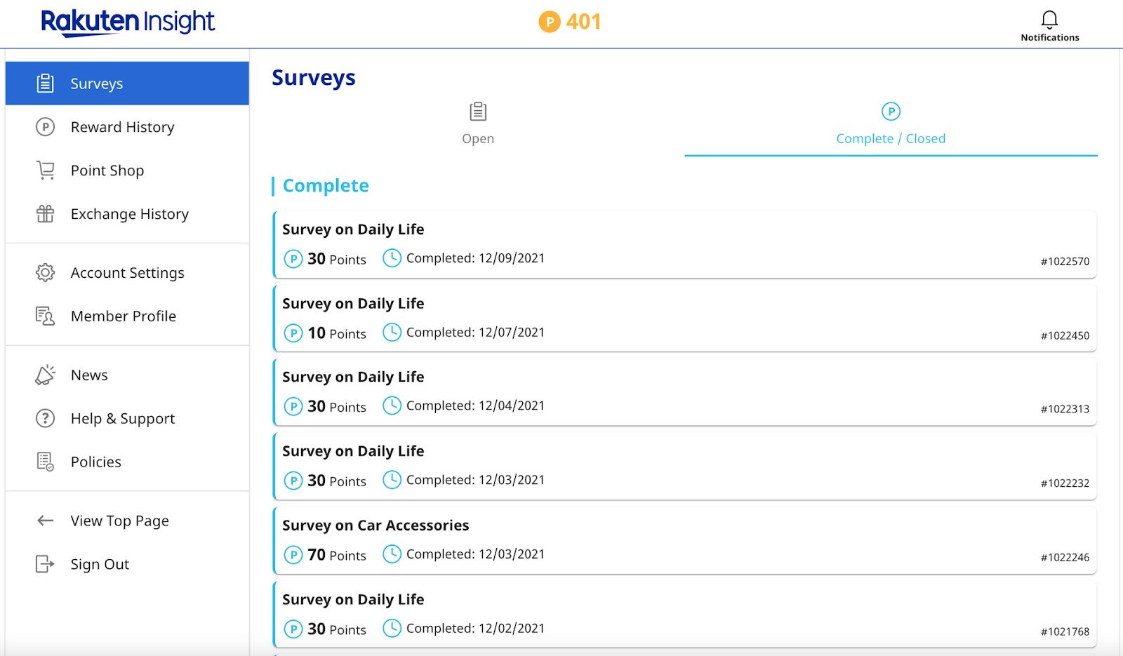 Our Rakuten Insight survey log.