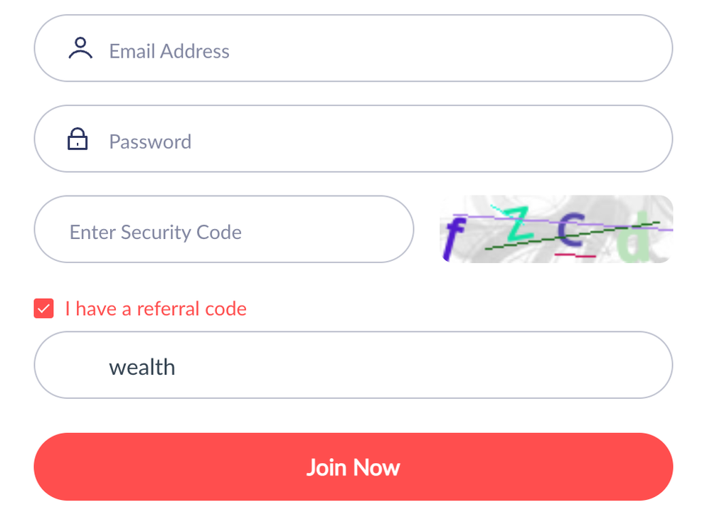 GoCashBack sign-up form with “I have a referral code” checked and wealth typed in the Referral Code field