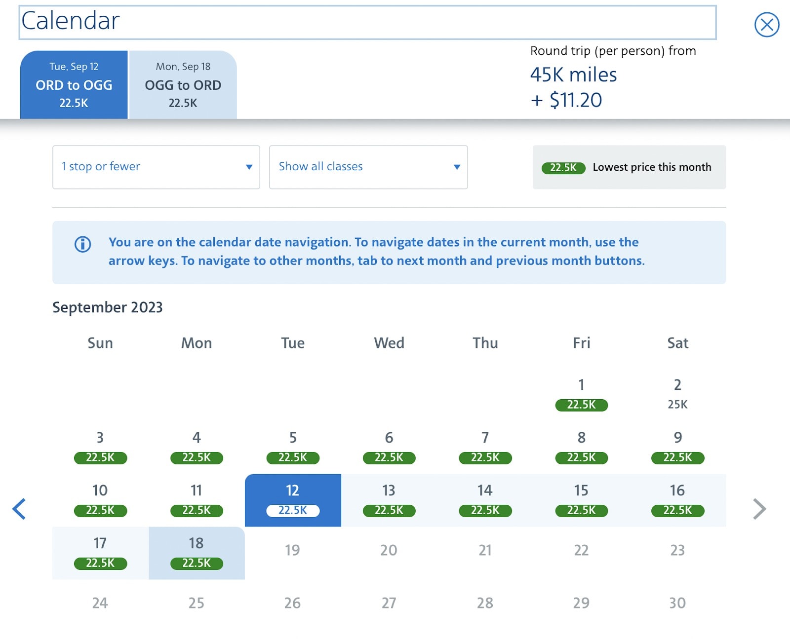 American Airlines Award Flights Options Example