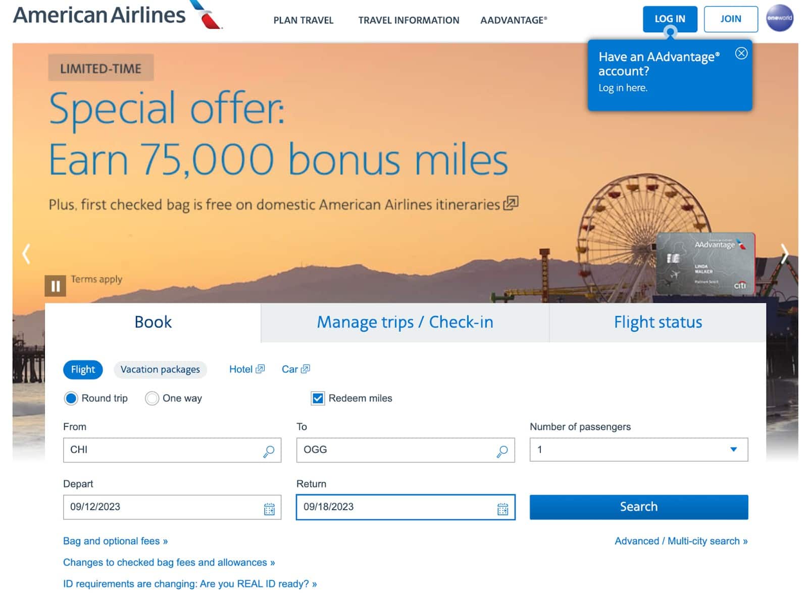 American Airlines Homepage Screenshot