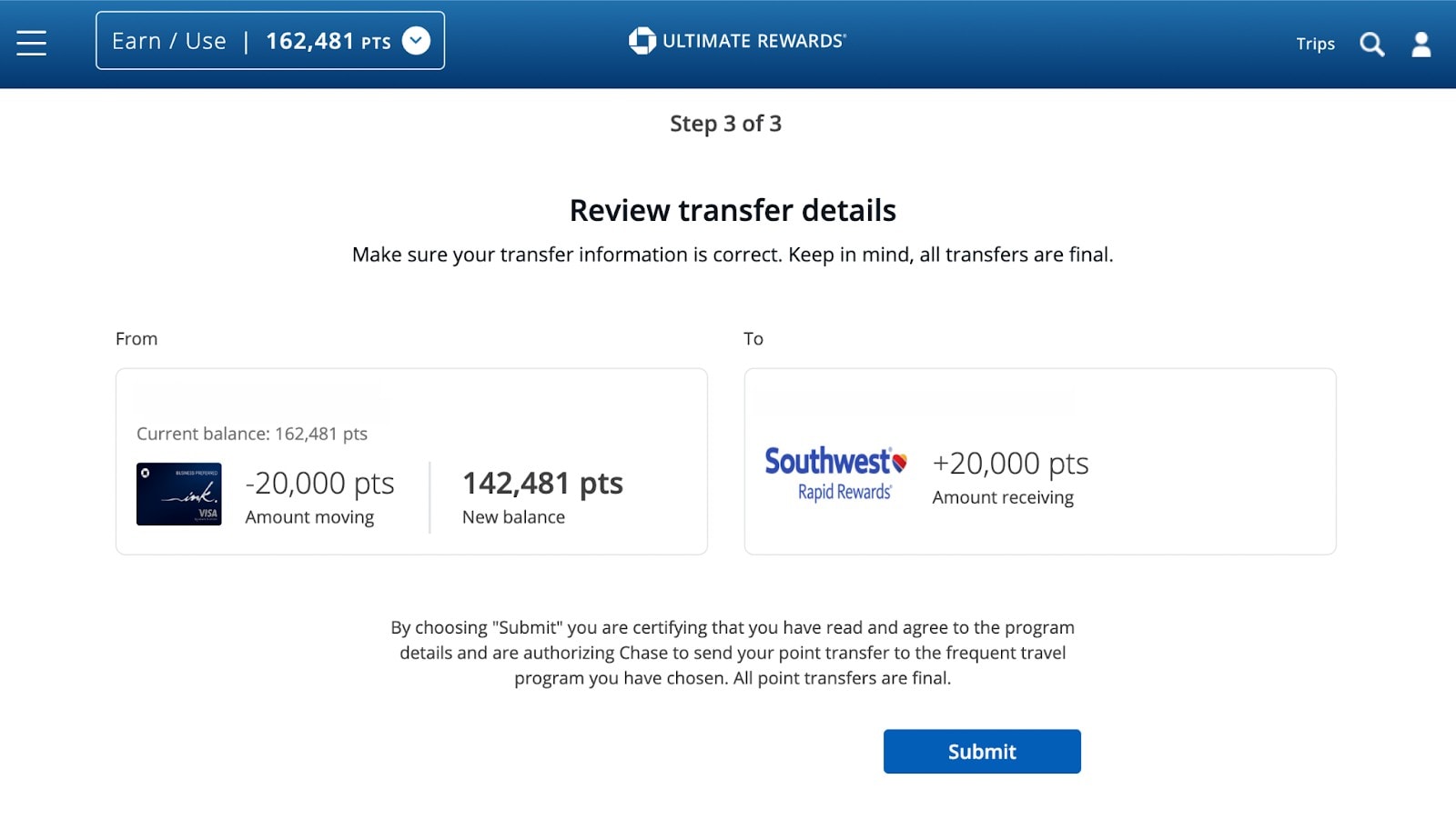 Chase Ultimate Rewards Transfer Example
