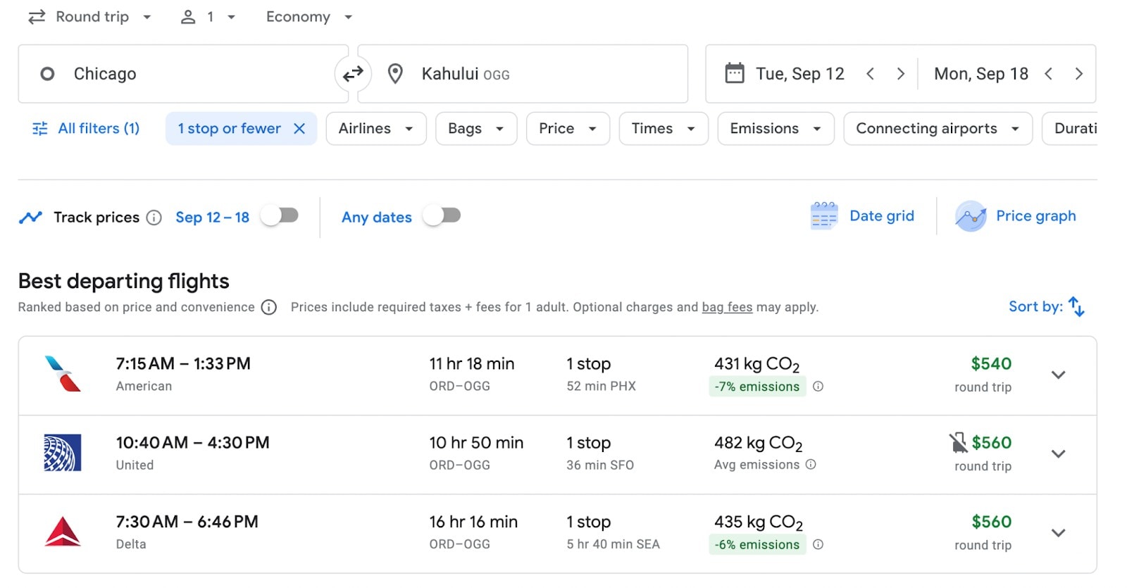 Example of a Google Flights option list