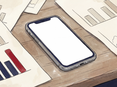 Editorial-style illustration of a smartphone on a wooden desk surrounded by papers showing abstract bar charts and line graphs.