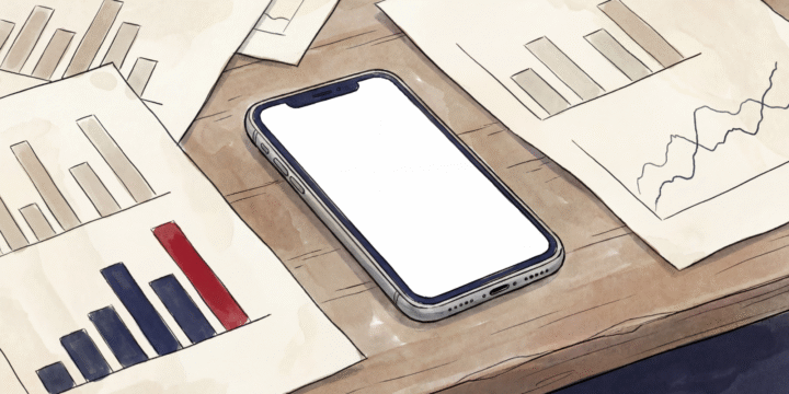 Editorial-style illustration of a smartphone on a wooden desk surrounded by papers showing abstract bar charts and line graphs.
