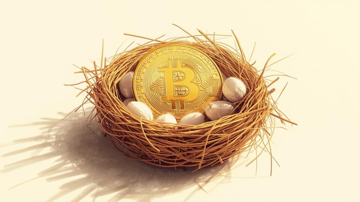 A golden Bitcoin coin resting inside a traditional bird’s nest egg, symbolizing retirement savings. Photorealistic, clean background, warm natural light, minimalist composition.