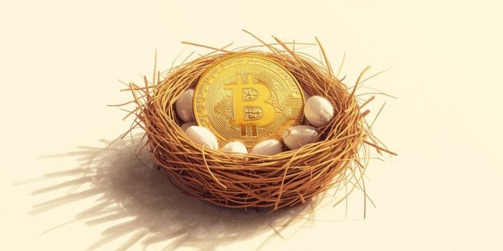 A golden Bitcoin coin resting inside a traditional bird’s nest egg, symbolizing retirement savings. Photorealistic, clean background, warm natural light, minimalist composition.