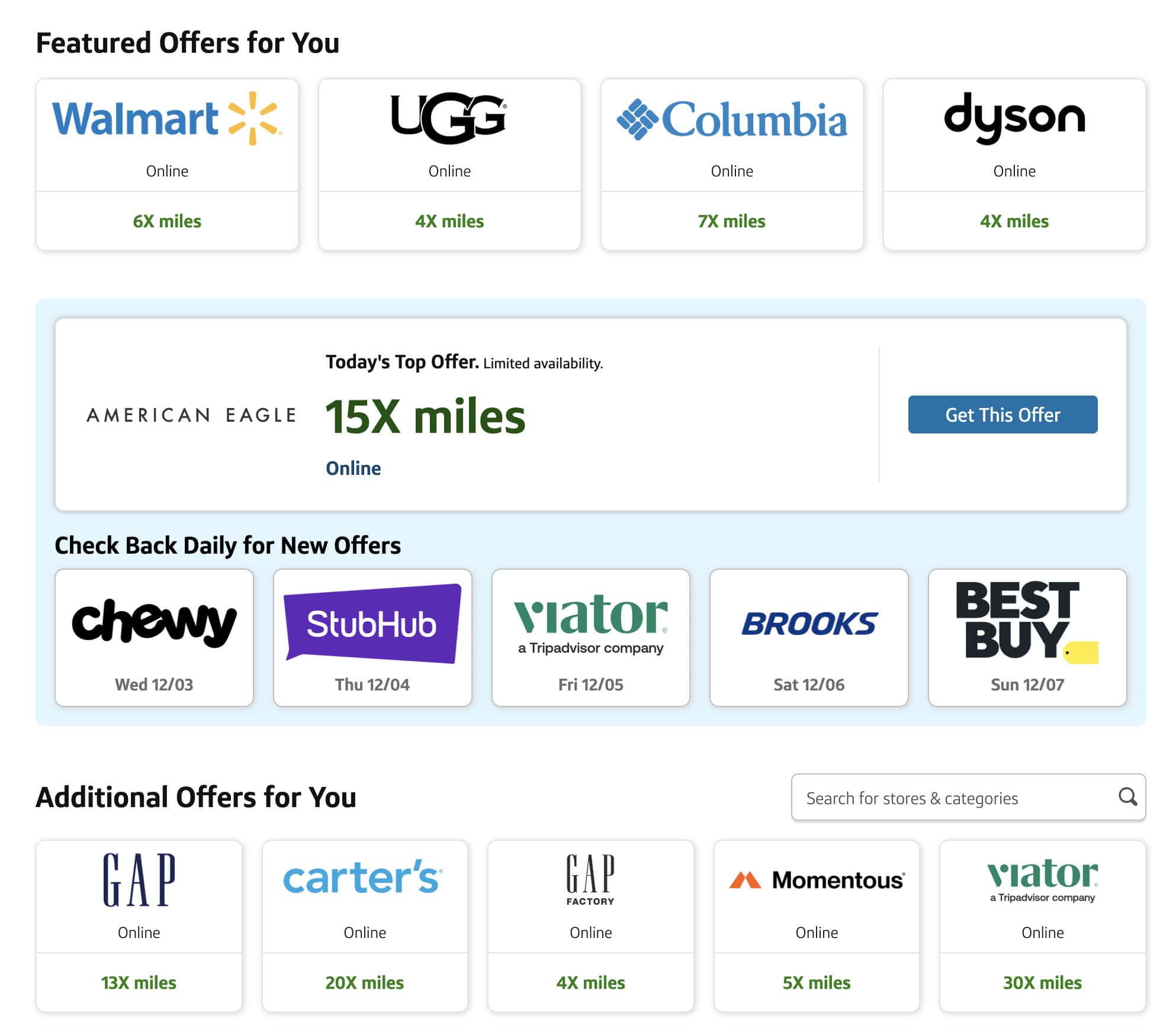 Capital One Offers page showing elevated holiday mileage offers, including 30x miles at Viator