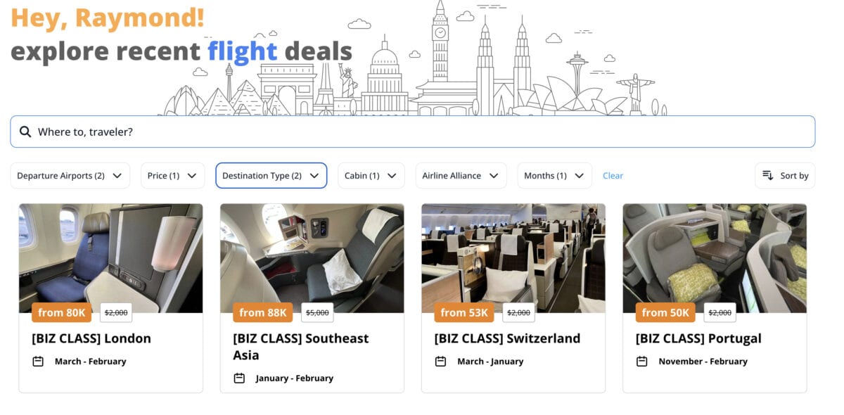 hrifty Traveler Premium deals hub showing business class flight deals to London, Southeast Asia, Switzerland and Portugal with filters for departure airports, price, destination type, cabin, airline alliance and travel months.